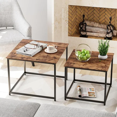 Miniatura 9 de Garden 4 you Juego de 2 mesas auxiliares modernas, mesa anidable de cristal, juego de mesa central cuadrada con marco de metal, mesas auxiliares