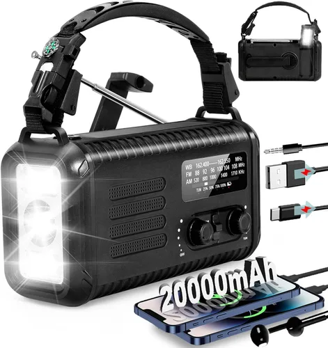 Miniatura 8 de Radio de emergencia NOAA de alerta meteorológica con energía solar y manivela de mano USB-C carga portátil radio AM/FM 3W, lámpara de lectura
