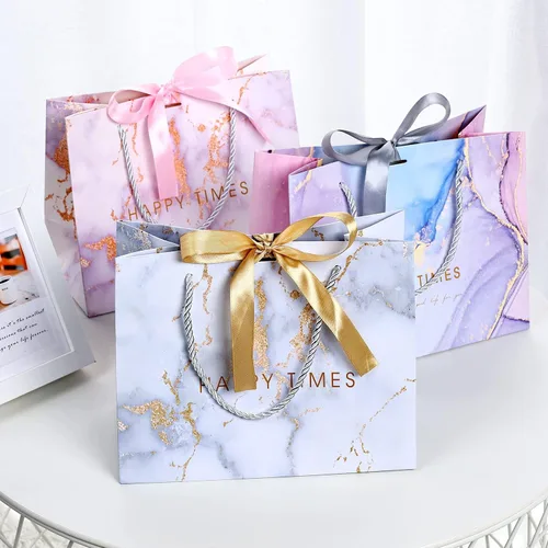 Miniatura 5 de JMANNI Bolsas de regalo, 3 piezas de tamaño mediano con cinta de lazo, bolsa de regalo de papel portátil, patrón de mármol, para cualquier ocasión