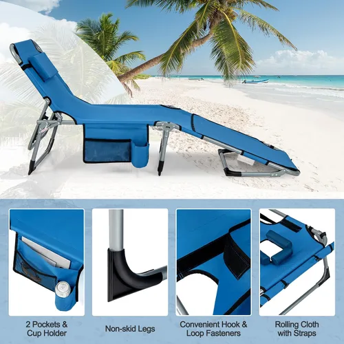 Miniatura 6 de Tangkula Sillón de playa, silla de bronceado plegable al aire libre con agujero para la cara/brazo, 2 asas de transporte, almohada, respaldo Azul