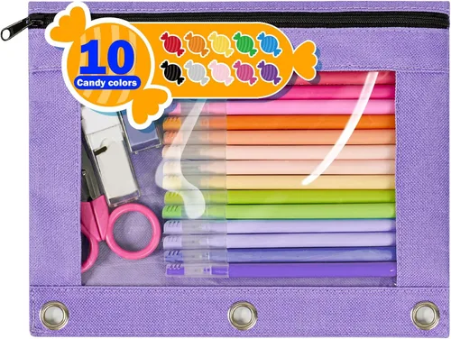 Miniatura 26 de Forvencer Estuche para lápices de 3 anillas, estuche transparente con cremallera suave, bolsa de lápices de gran capacidad con 3 ojales reforzados