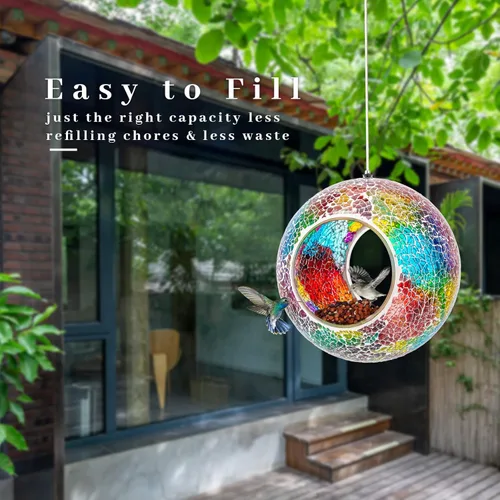 Miniatura 2 de VCUTEKA Comedero para Pájaros de Mosaico Fly Through para Exterior Colgante con Recipiente de Vidrio de Forma Redonda para Atraer Más Aves Rojo
