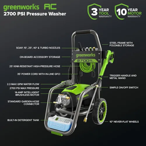 Miniatura 3 de Greenworks Pro Sin Escobillas 2700 PSI (Certificado CSA) 2.3 GPM Máx. / 1.2 GPM Lavadora a Presión Eléctrica