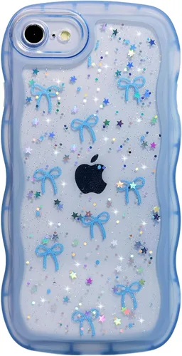 Miniatura 64 de Qokey Funda para iPhone 12 Pro Max de 6.7 pulgadas, diseño de onda rizada, borde transparente, brillante con purpurina, estrella brillante, bonita