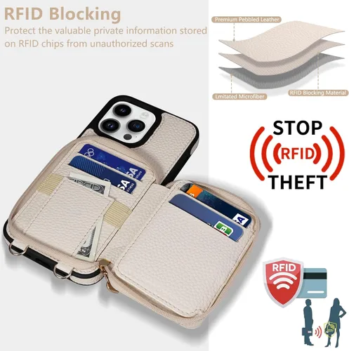 Miniatura 3 de Funda compatible con iPhone 15 Pro Max de 6.7 pulgadas, cremallera cruzada con ranuras para tarjetas de bloqueo RFID, soporte, cordón y correa