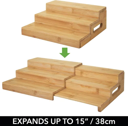 Miniatura 5 de mDesign Organizador de especias ajustable y expandible de bambú con 3 niveles de almacenamiento para armario de cocina, encimera, estante
