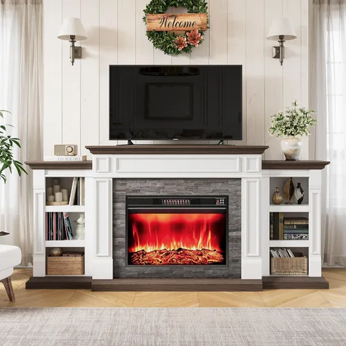 Miniatura 10 de Chimenea eléctrica de 72 pulgadas con chimenea, soporte de TV para televisores de hasta 80 pulgadas, centro de entretenimiento de granja con Blanco