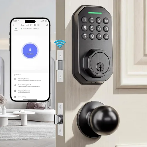 Ulecoce Cerradura de puerta de entrada sin llave con juego de perillas, WiFi integrado, cerraduras de puerta para puerta delantera, control de