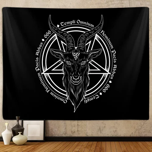 Tapiz de pentagrama satánico para dormitorio, estatua de Baphomet, cabeza de cabra, calavera, tapices paganos para colgar en la pared para Negro
