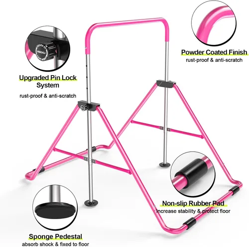 Miniatura 6 de Safly Fun Foldable Gymnastics Bar for Kids, Adjustable 35"-51", Sturdy 145 lbs Capacity, Easy-to-Assemble, Gymnastics Equipment for Kids for Rosa