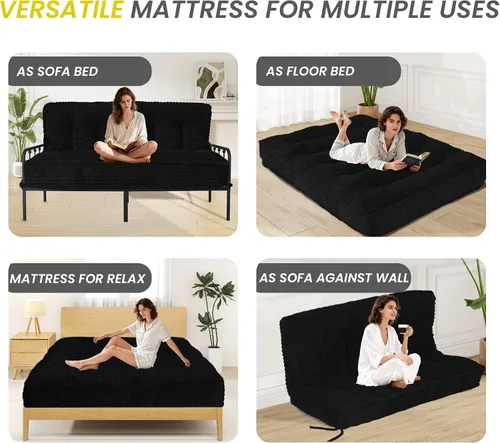Miniatura 3 de Colchón futón de 8 pulgadas, tamaño matrimonial, 54 x 80 pulgadas, sofá cama con borde de diseño de cuerda trenzada, colchón futón extra grueso
