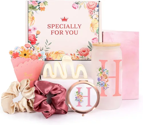 Miniatura 9 de Regalos de cumpleaños para mujeres – Caja de regalo personalizada con inicial con taza de vidrio con monograma, coleteros para el cabello y clip