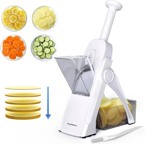 Miniatura 12 de SupMaKin rebanador de mandolina seguro para cocina, cortador de verduras y papas en forma de chips, grosor ajustable manual, artefacto de corte