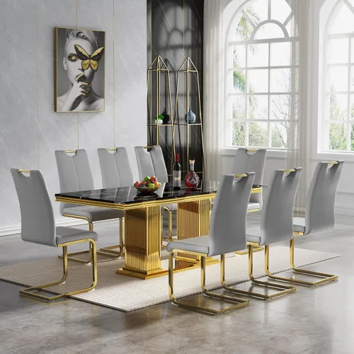 Miniatura 33 de Juego de mesa de comedor de 5 piezas, moderno juego de mesa de comedor para 4, 70 pulgadas, juego de mesa de comedor de mármol sintético blanco