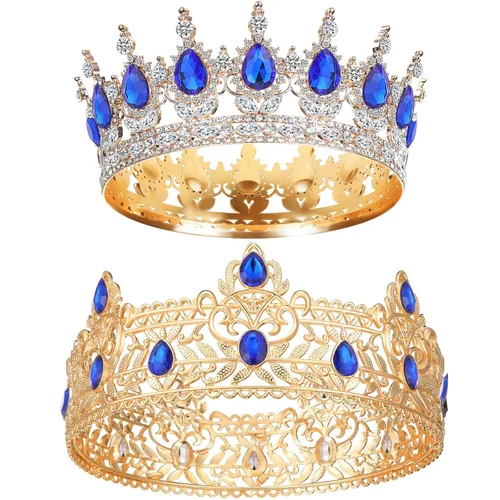 Miniatura 6 de MTLEE 2 Piezas Coronas de Rey y Reina para Baile de Graduación Coronas de Rey para Hombres Corona Real con Pedrería Azul Reina para Mujeres