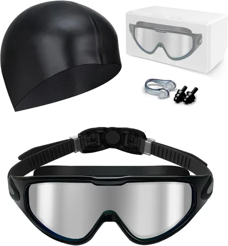 Gafas de natación antivaho anti UV, visión amplia y sin fugas, gafas de natación y gorro de natación para hombres, mujeres, adultos y jóvenes Negro