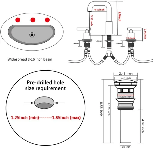 Miniatura 2 de Caño giratorio de 360°, 2 asas, 3 agujeros, 8 pulgadas, grifo de lavabo de baño de latón antiguo a juego con desagüe desplegable para baño