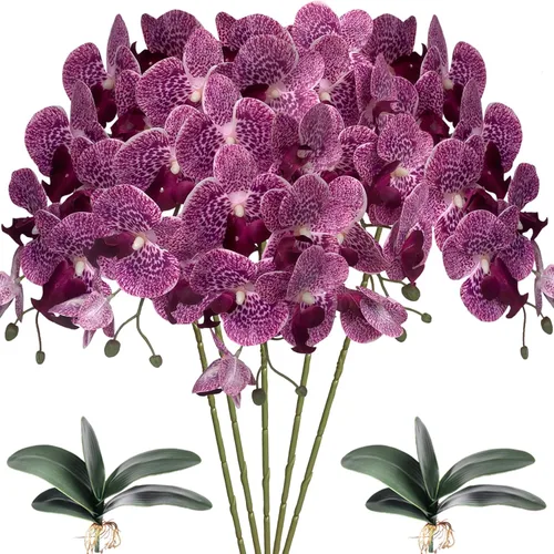 Miniatura 10 de HinyoCo 5 piezas de orquídeas artificiales y 2 paquetes de hojas, flores artificiales de Phalaenopsis de 32 pulgadas para decoración del hogar