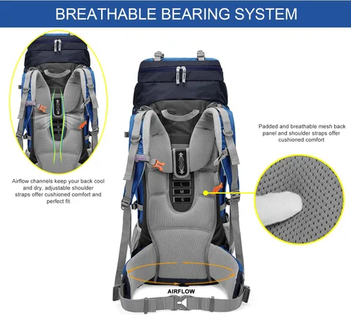 Miniatura 3 de MOUNTAINTOP Mochila de marco interno de 80L para hombre y mujer Mochila de senderismo con cubierta de lluvia Azul-80L