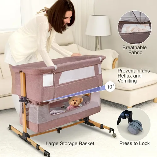 Miniatura 4 de Moisés para bebé, sleeper de cabecera 3 en 1 con colchón y laterales de malla, mosquitera, cesta de almacenamiento, con función de balanceo, 5