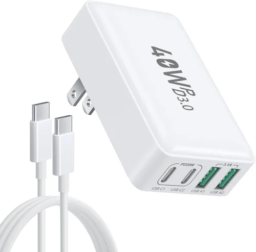 OKRAY - Cargador de pared plano USB C, 40 W, bloque de carga rápida de 4 puertos PD3.0 y QC3.0, adaptador de corriente de viaje tipo C plegable y