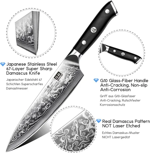 Miniatura 2 de SHAN ZU - Cuchillo de chef de 8 pulgadas de acero damasceno japonés, cuchillos de cocina profesionales, cuchillo de cocina de alta calidad de acero