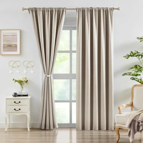 Miniatura 11 de Bujasso Cortinas de jacquard negras con bolsillo para barra, pestaña trasera y lazos de lujo, cortinas aisladas térmicamente para oscurecer