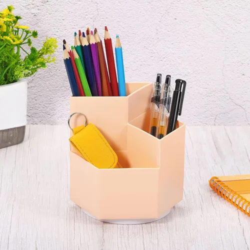 Miniatura 5 de PATIKIL Portalápices de plástico, 3 ranuras, rotación de 360 grados, cepillo de maquillaje, organizador de escritorio, taza para oficina y hogar
