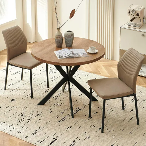 Miniatura 34 de Juego de 4 sillas de comedor de piel sintética marrón, cómodas sillas de cocina tapizadas sin brazos con patas de metal negro para sala de estar