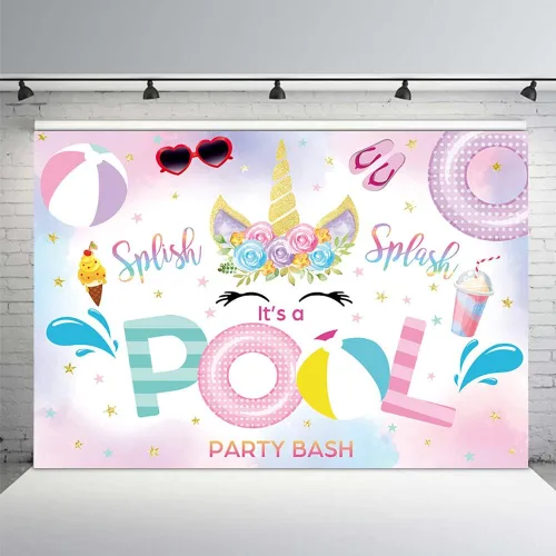 MEHOFOND Fondo de fiesta de unicornio de 7 x 5 pies para fiesta en la piscina de verano, rosa, floral, salpicaduras, fotografía, telón de fondo
