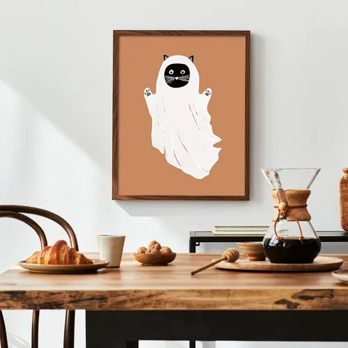 Miniatura 4 de Whaline 12 impresiones artísticas en lienzo de Halloween para pared, diseño de esqueleto bohemio, fantasma, gato negro, decoración de pared