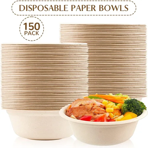 Miniatura 3 de ZORRITA Paquete de 150 unidades de cuencos de papel compostables de 12 onzas, pequeños cuencos desechables para sopa, cuencos naturales de caña