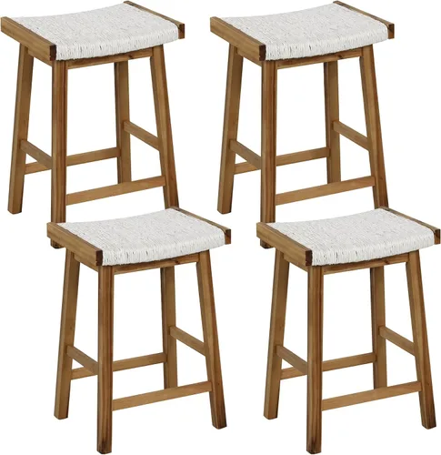 Miniatura 9 de COSTWAY Juego de 2 taburetes de comedor de 25.5 pulgadas de altura de mostrador con asiento tejido de algas marinas, madera de goma, marco de madera