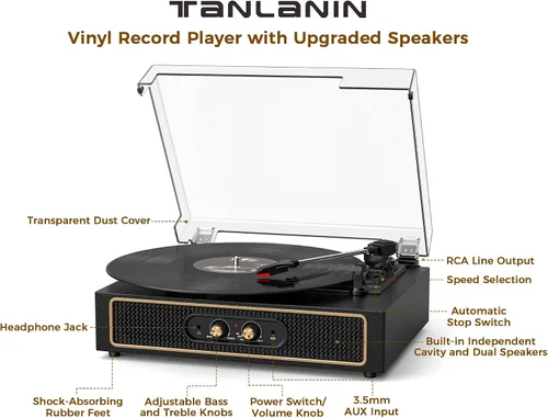 Miniatura 6 de Tocadiscos retro Bluetooth con altavoces integrados, tocadiscos de 3 velocidades por correa, control de graves y agudos, reproductor de vinilo Negro