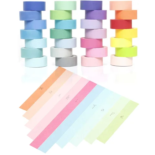 28 Rollos de Juego de Cinta Adhesiva Washi, 15mm 280 Metros Arcoíris Colorido Pastel Decorativo Cinta Adhesiva de Colores Escribible Juego de Cinta