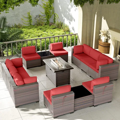Miniatura 60 de Kullavik Juego de 13 muebles de patio al aire libre con mesa de fogata de gas propano de 43 pulgadas, 55000 BTU, mimbre de polietileno, sofá Arena