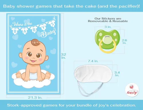 Miniatura 3 de Fiesta Hearty Pin el chupete en el bebé, juego de baby shower - Blue Boy 1 póster grande, 56 calcomanías coloridas de Binky, 1 cinta adhesiva