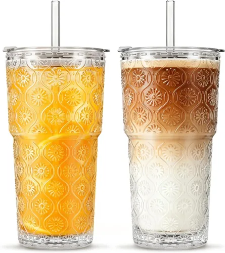INSETLAN Juego de 2 vasos de vidrio con diseño de flor de begonia de 20 onzas, vasos de vidrio grueso con tapas y pajitas de vidrio para café