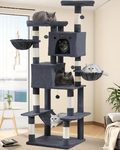 Miniatura 14 de Poste rascador de torre para gatos grandes de interior, árbol pequeño para gatos con cama grande, casa de árboles de 28 pulgadas de alto con cueva