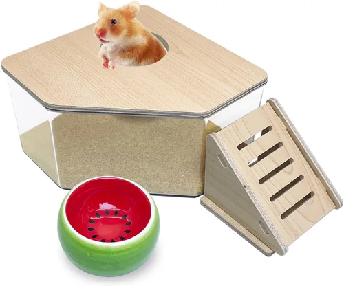 Miniatura 8 de PINVNBY Caja de baño de arena para hámster de madera con escalera de escalada, habitación de ducha, arena para excavar, contenedor de bañera