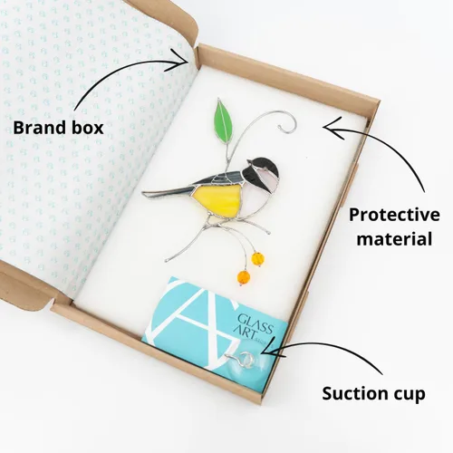 Miniatura 8 de Atrapasoles de Vidrio Emplomado Hechos a Mano de Carbonero Gift Birds, Vidrio Emplomado Genuino para Ventana Colgante, Ornamento Único