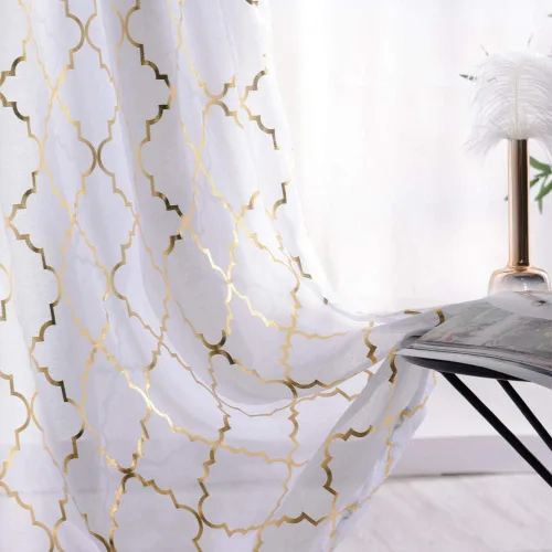 Miniatura 10 de YJ YANJUN Cortinas traslúcidas de 63 pulgadas de largo, cortinas de gasa metálicas doradas y blancas para dormitorio, diseño moderno marroquí