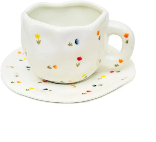 Miniatura 15 de Noviko Taza de Cerámica a Cuadros Juego de Taza de Té y Platillo de 10 onzas