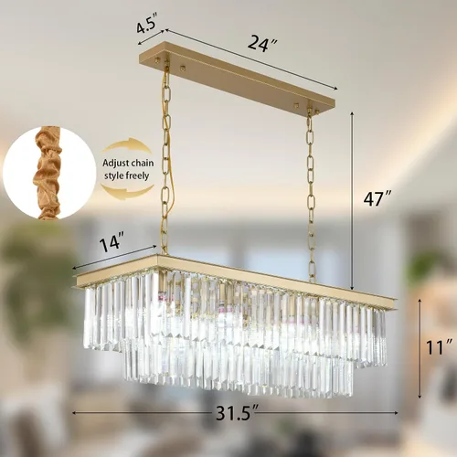 Miniatura 2 de Candelabro rectangular dorado de 31.5 pulgadas – Colgante de cristal moderno de lujo de 8 luces con altura ajustable, lámpara para comedor, isla