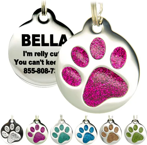 Miniatura 12 de Etiqueta grabada para mascotas para perros y gatos, personalizada con 4 líneas de identificación grabada, huella de pata redonda, acero inoxidable