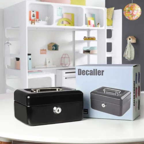 Miniatura 6 de Decaller - Caja de dinero pequeña con cerradura de llave, caja de dinero de metal portátil con doble capa y 2 llaves para seguridad, negro, 6 x 4