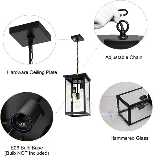 Miniatura 82 de TODOLUZ Lámpara Colgante de Exterior de 3 Luces Negra, Linterna Colgante Exterior Ajustable Luz de Porche
