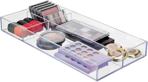 mDesign Bandeja organizadora de maquillaje dividida de plástico para cajón de baño, tocador, almacenamiento de encimera, organización de cosméticos