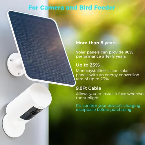 Miniatura 10 de Panel solar de 5 V para cámaras Seucrity, para Bird Feeder Trail Cam, Ring Tapo Eufy Vicohome Eseecloud, nativo USB-C, Micro-USB y DC 0.138 in*