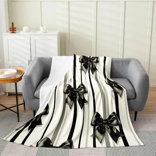 Miniatura 2 de Erosebridal Black Ribbon Bow Fleece Throw Blanket 40"x50" - Ultra-Soft for Couch Sofa Bed,Geometric Stripes Flannel Blanket,Princess Style Bowknot